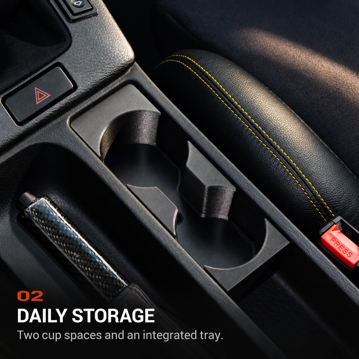 BMW E36 Front Cup Holder V6 - DAILY STORAGE: Two cup spaces and an integrated tray.