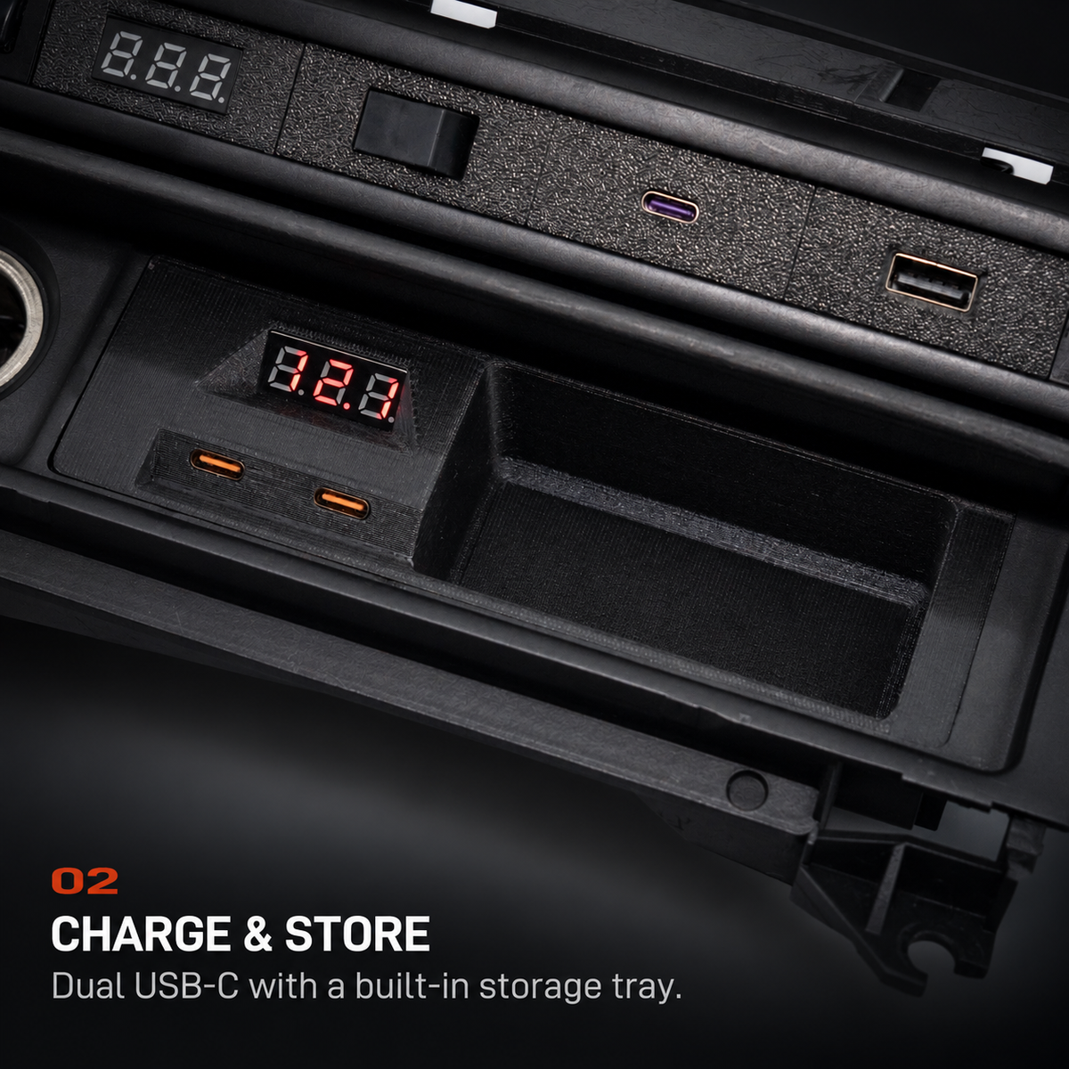 BMW E46 Ashtray USB Charger & Storage V3 - CHARGE & STORE: Dual USB-C with a built-in storage tray.