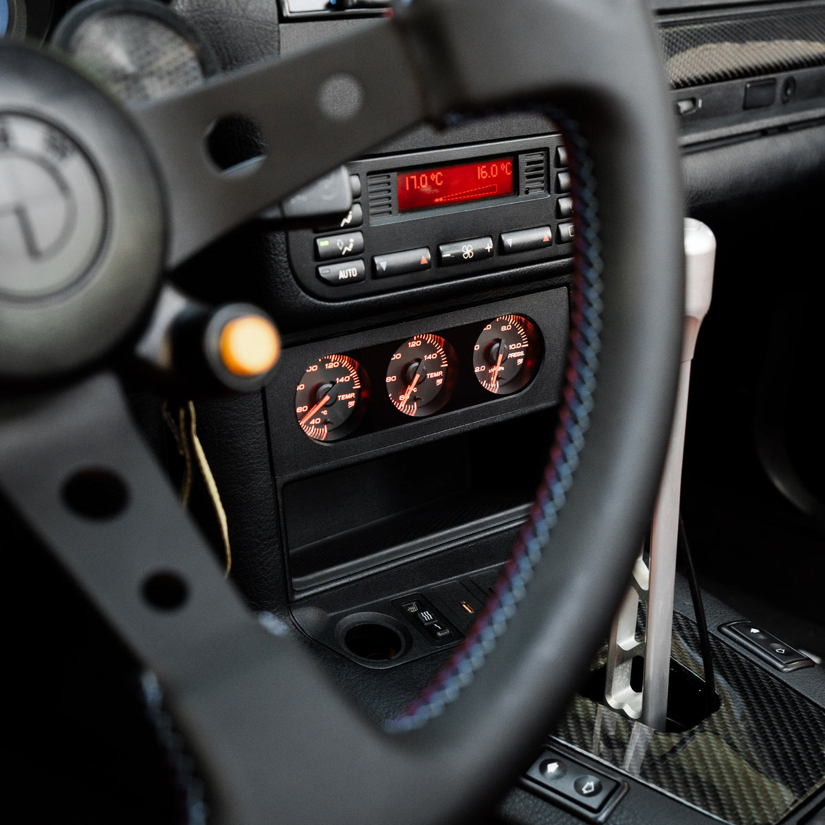 BMW E36 OBC lower console triple gauge kit installed