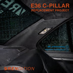 BMW E36 Sedan C-pillar trim replacement with aluminum mounting tabs in raw, suede, and carbon fiber