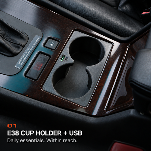 E38 CUP HOLDER + USB. Daily essentials. Within reach.