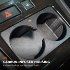Close-up of the textured carbon-infused housing on the BMW E38 front cup holder, single USB-C version