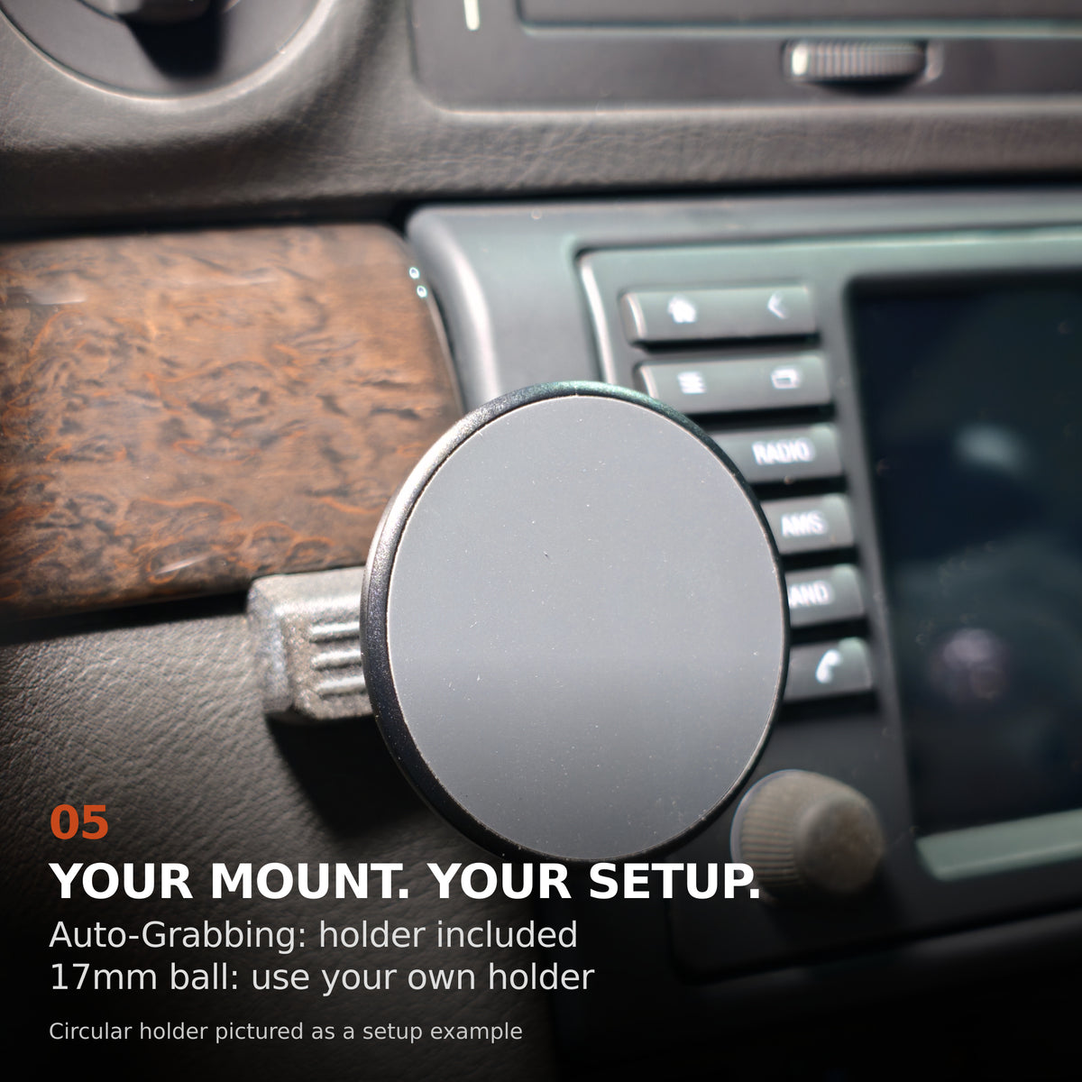 BMW E38 phone mount option guide: Auto-Grabbing holder included, or 17mm ball-only for your own holder. Circular holder pictured as a setup example.