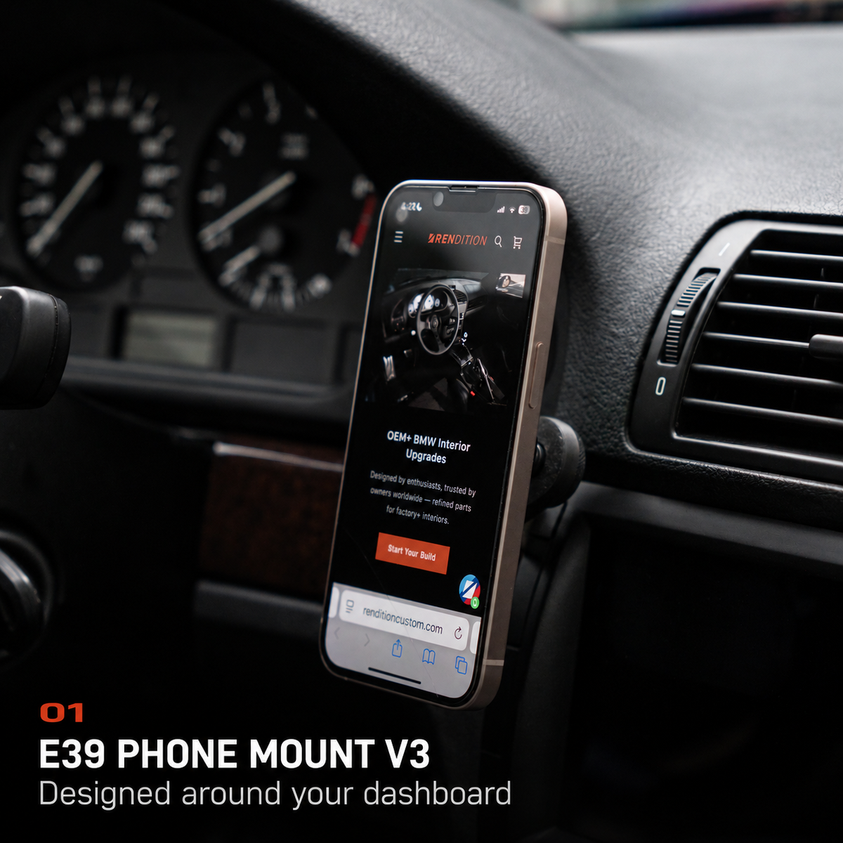 BMW E39 Phone Mount V3 with a phone installed beside the instrument cluster and center air vents.