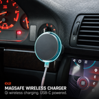 BMW E39 MagSafe wireless charger with illuminated turquoise rim and USB-C cable on the dashboard mount.