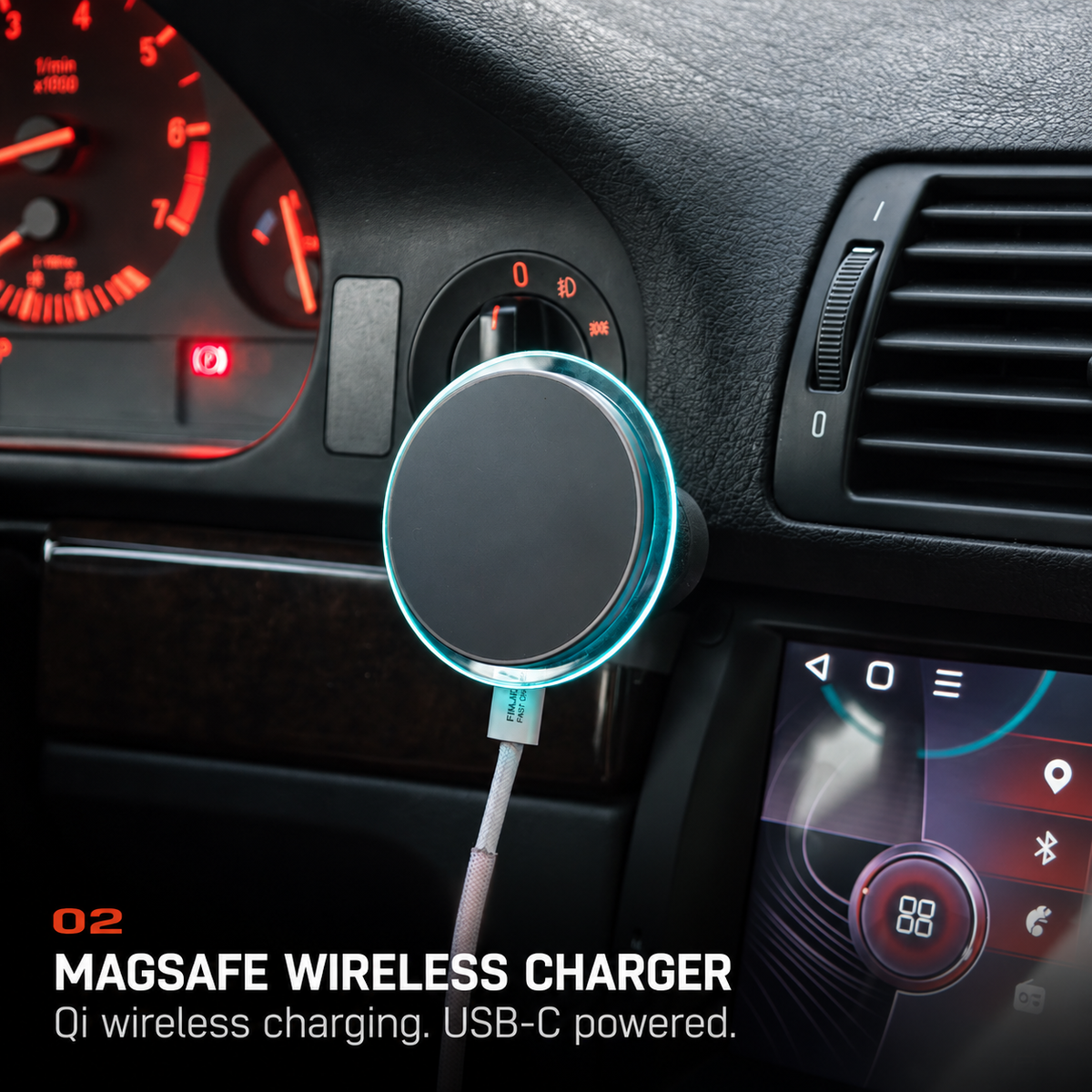 BMW E39 MagSafe wireless charger with illuminated turquoise rim and USB-C cable on the dashboard mount.