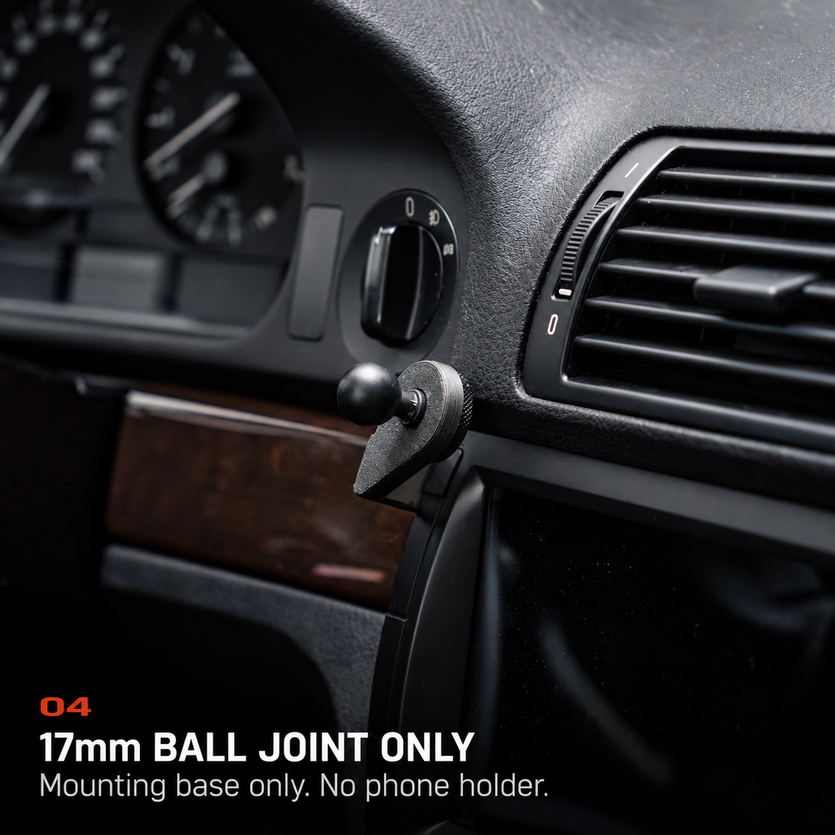 BMW E39 dashboard mounting base with a 17mm ball joint, shown without a phone holder.