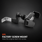 BMW E39 phone mount hardware showing the metal mounting tab, factory screw hole, 17mm ball connection and auto-grabbing holder.
