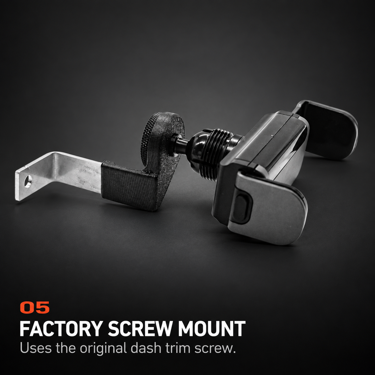 BMW E39 phone mount hardware showing the metal mounting tab, factory screw hole, 17mm ball connection and auto-grabbing holder.