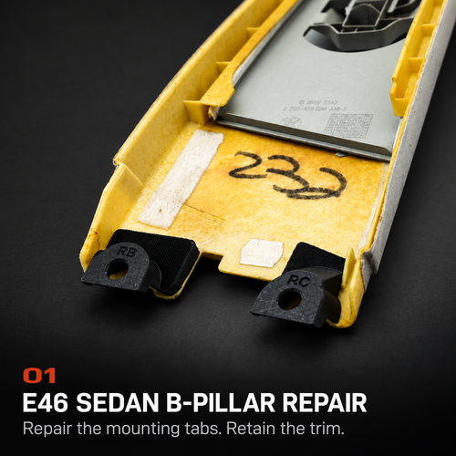 E46 SEDAN B-PILLAR REPAIR. Repair the mounting tabs. Retain the trim.