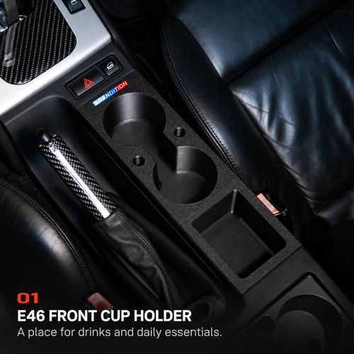 E46 FRONT CUP HOLDER. A place for drinks and daily essentials.