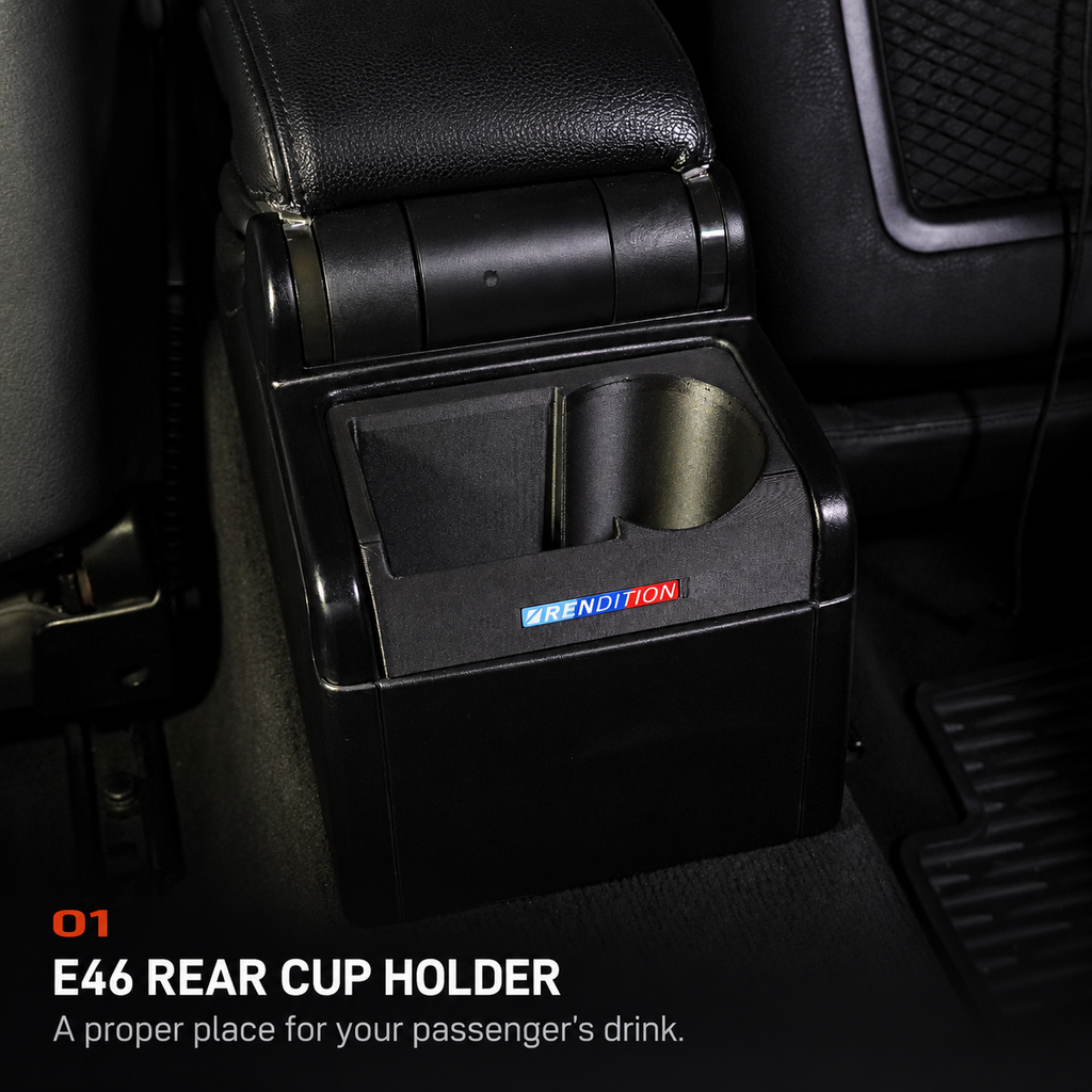 E46 REAR CUP HOLDER. A proper place for your passenger's drink.