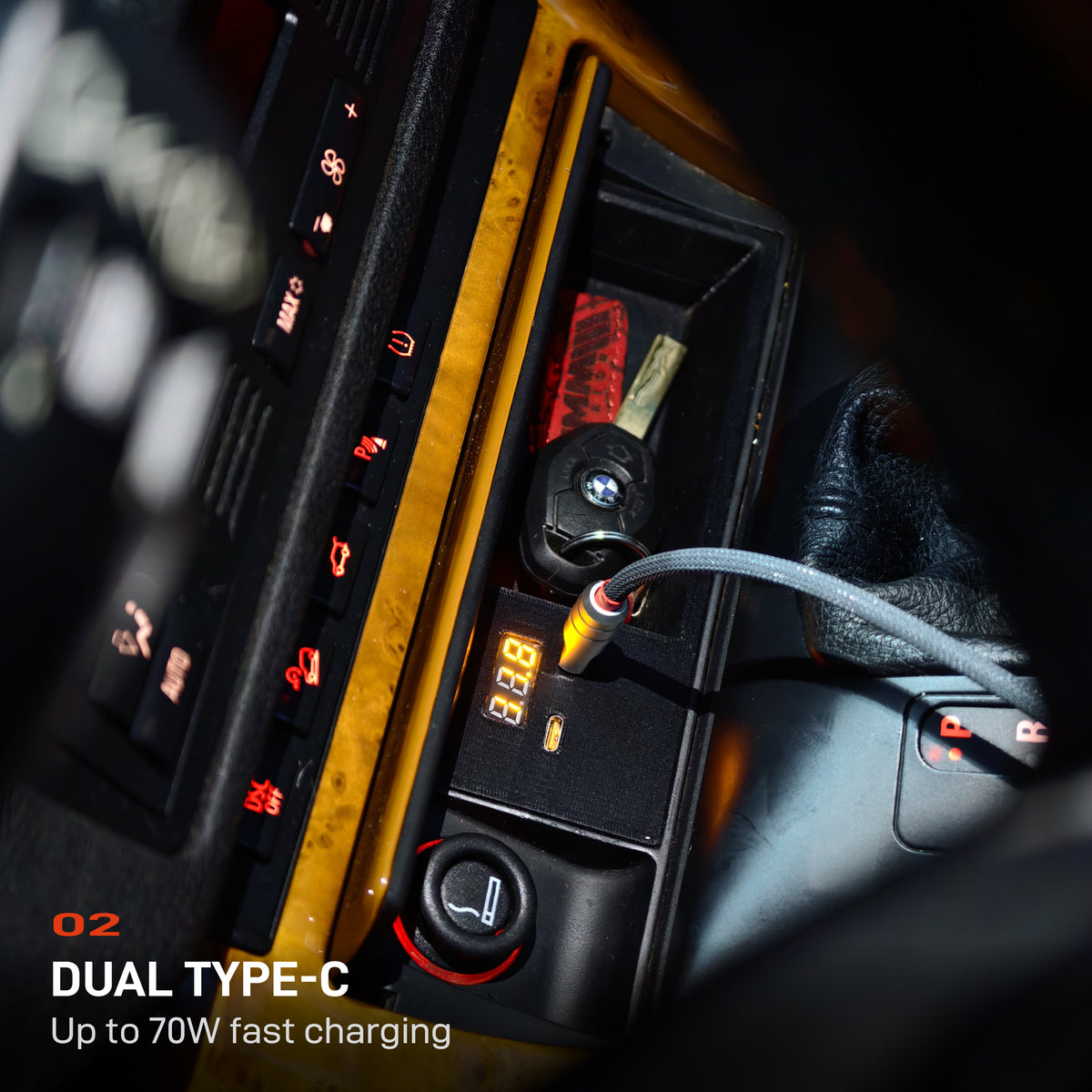 BMW E53 X5 dual USB-C fast charger installed in center console
