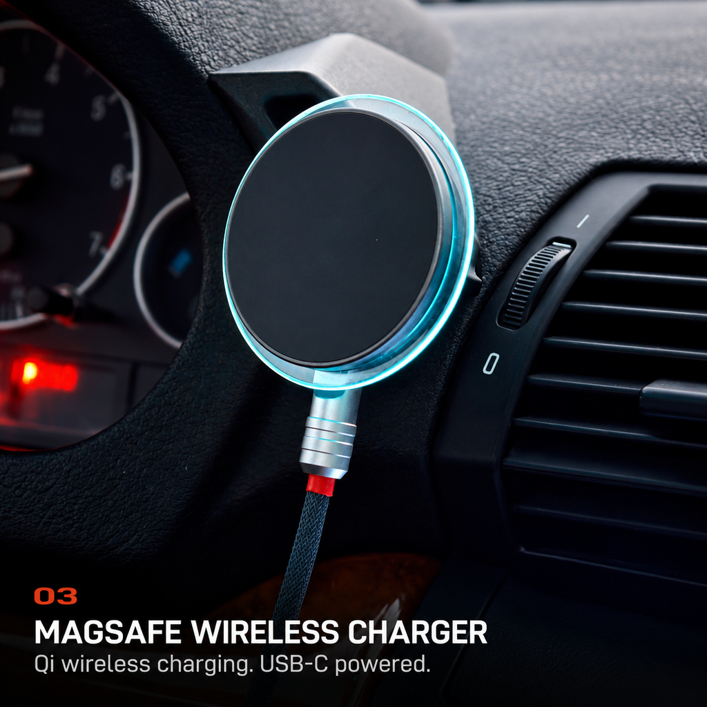BMW E53 X5 MagSafe Qi wireless charger with illuminated rim and USB-C power cable.