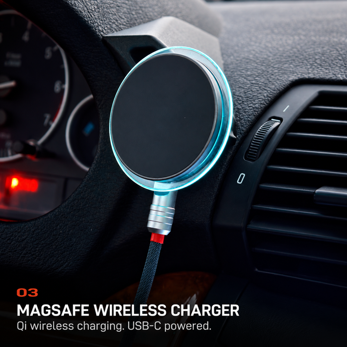 BMW E53 X5 MagSafe Qi wireless charger with illuminated rim and USB-C power cable.