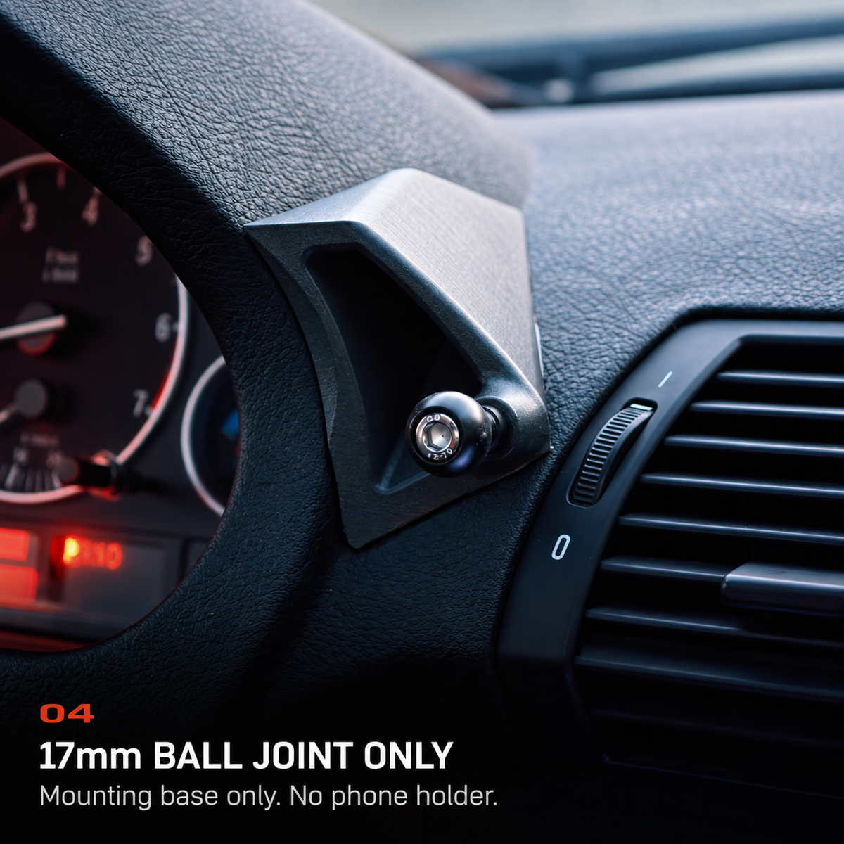 BMW E53 X5 dashboard mounting base with 17mm ball joint; phone holder not included.