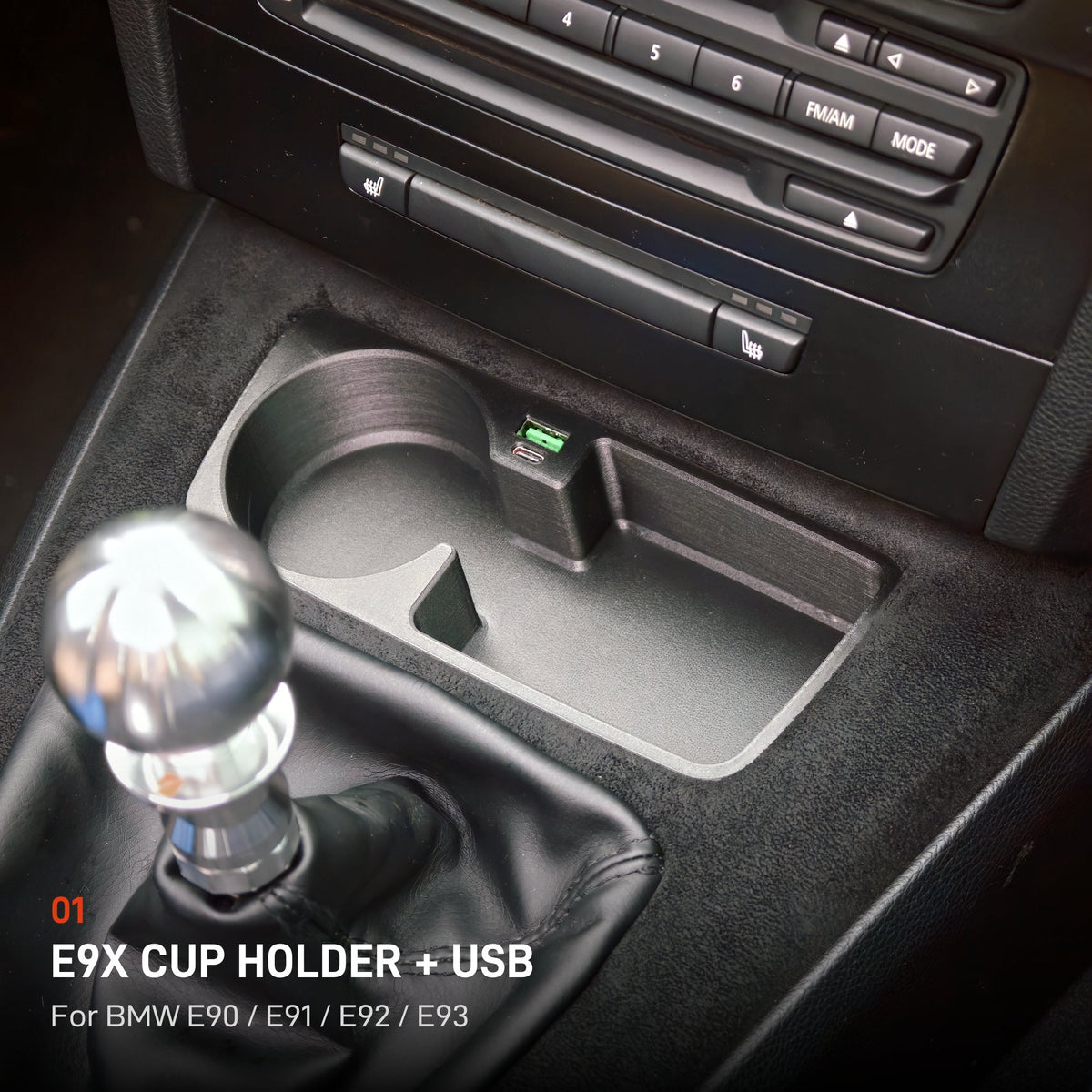 E9X CUP HOLDER + USB. For BMW E90 / E91 / E92 / E93. Rendition 01.