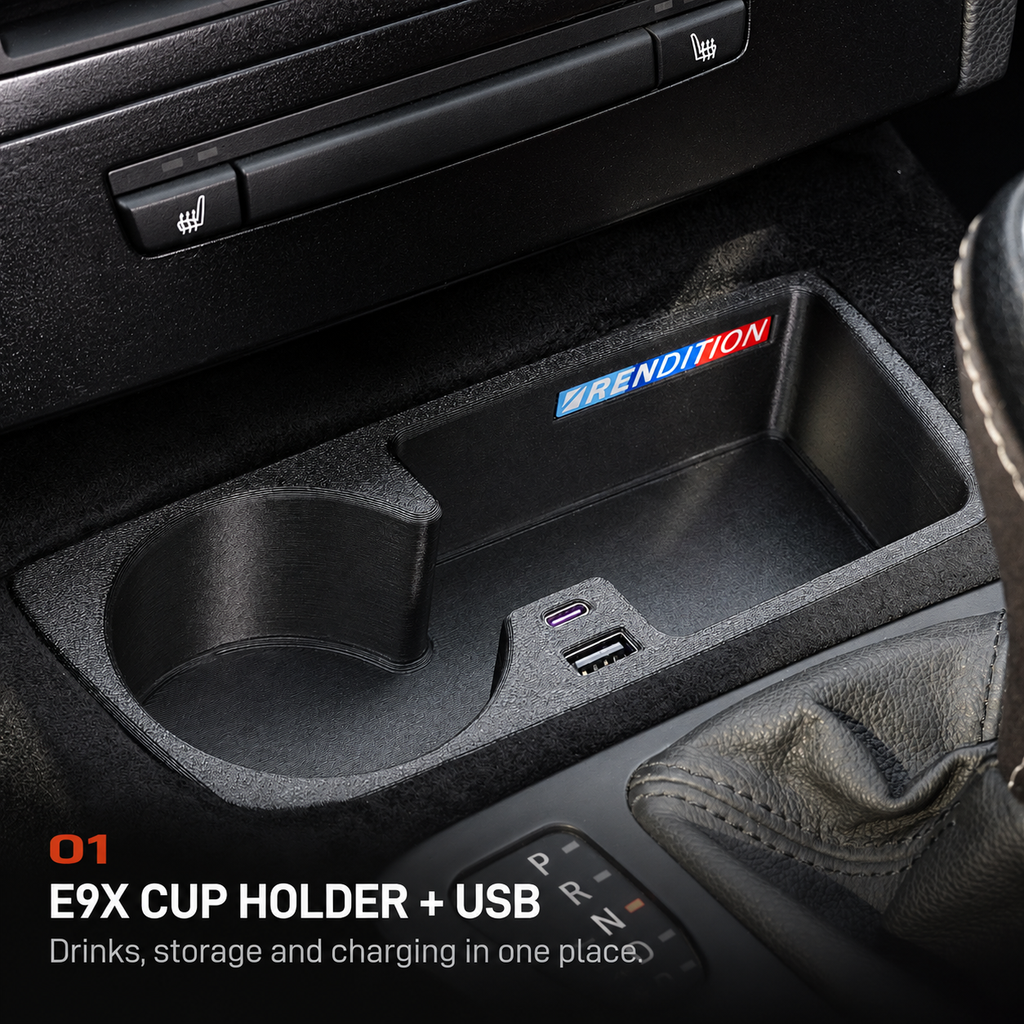 E9X CUP HOLDER + USB. Drinks, storage and charging in one place.