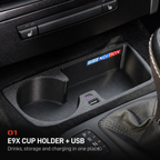 E9X CUP HOLDER + USB. Drinks, storage and charging in one place.