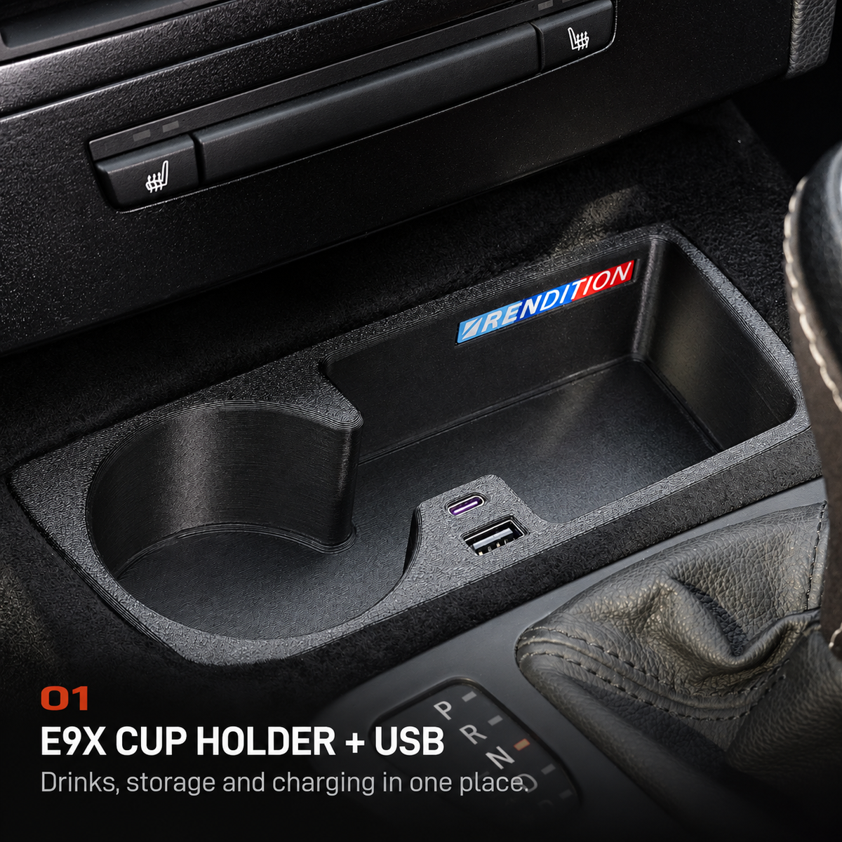 E9X CUP HOLDER + USB. Drinks, storage and charging in one place.