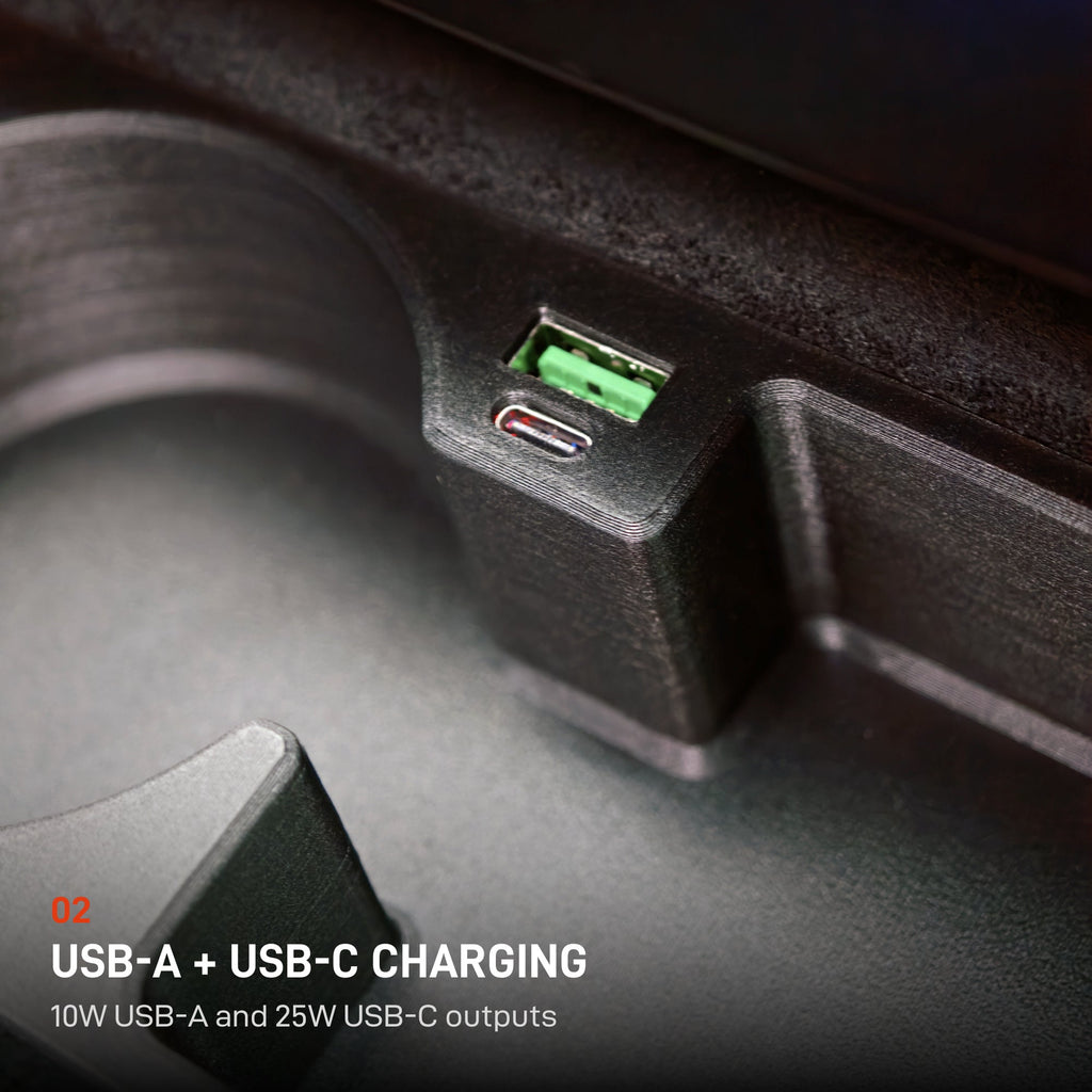 USB-A + USB-C CHARGING. 10W USB-A and 25W USB-C outputs. Rendition 02.