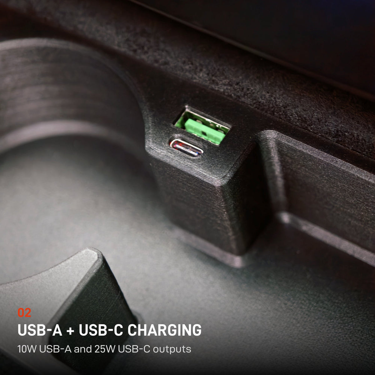 USB-A + USB-C CHARGING. 10W USB-A and 25W USB-C outputs. Rendition 02.