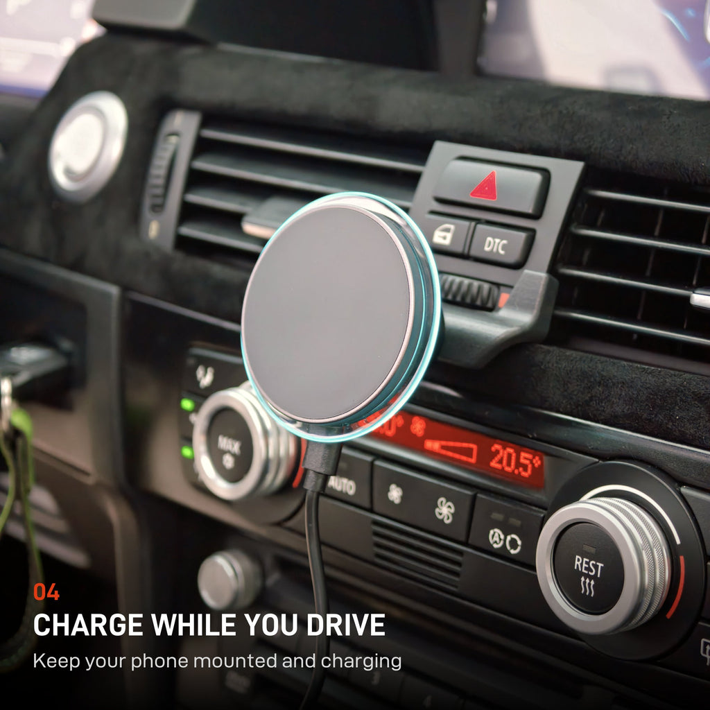 CHARGE WHILE YOU DRIVE. Keep your phone mounted and charging. Rendition 04.