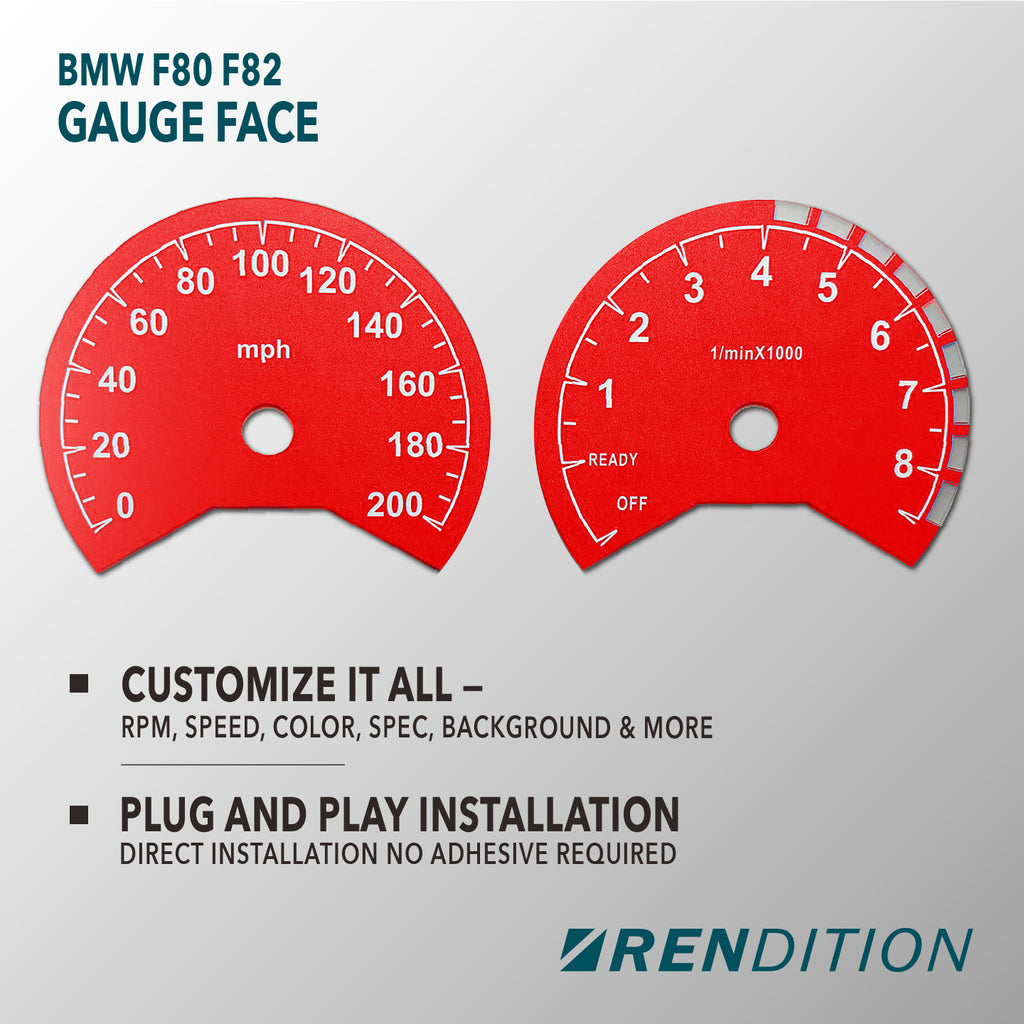 BMW F80 F82 custom gauge face overlay installed in instrument cluster