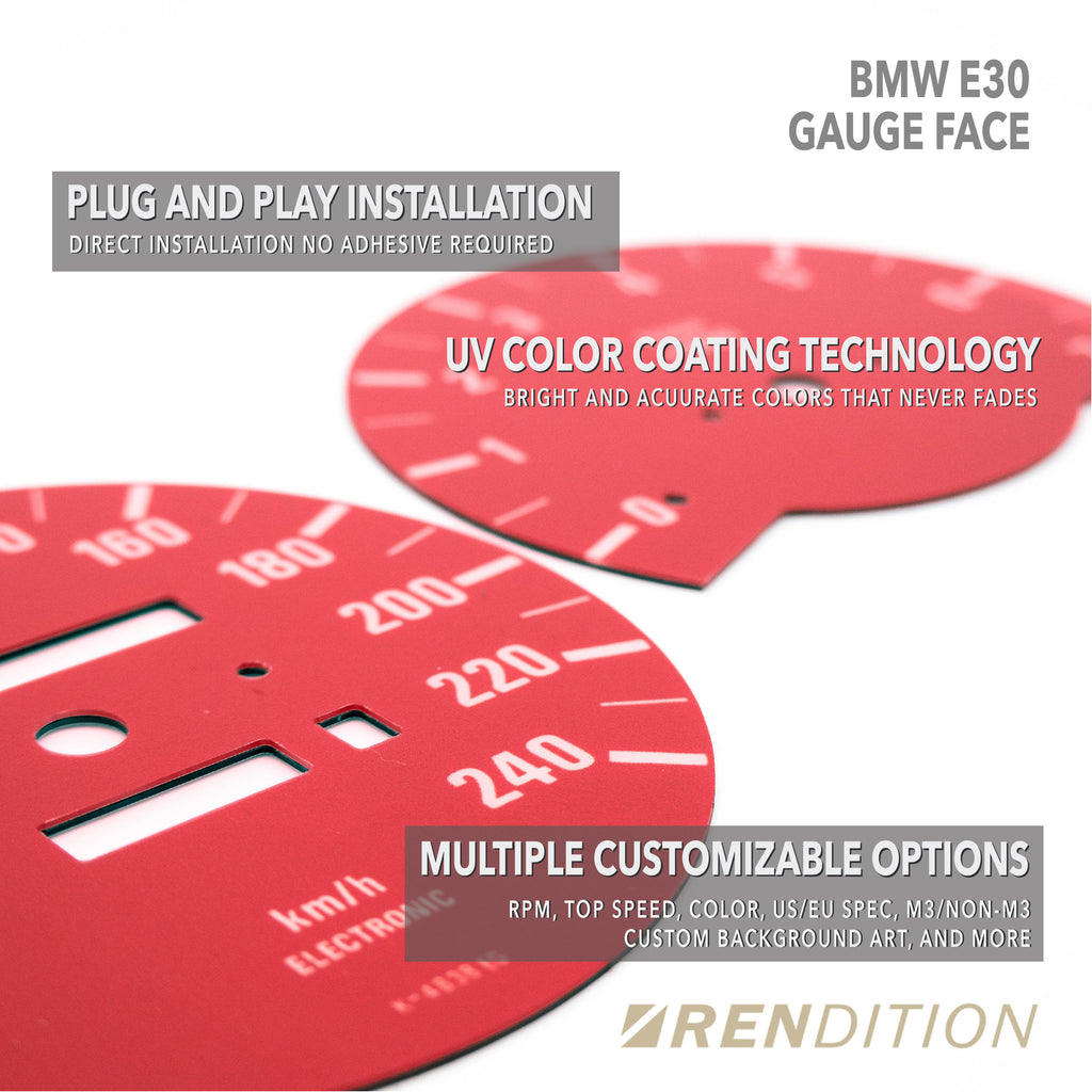 BMW E30 custom gauge overlay with UV-coated face and color options