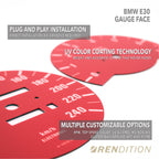 BMW E30 custom gauge overlay with UV-coated face and color options