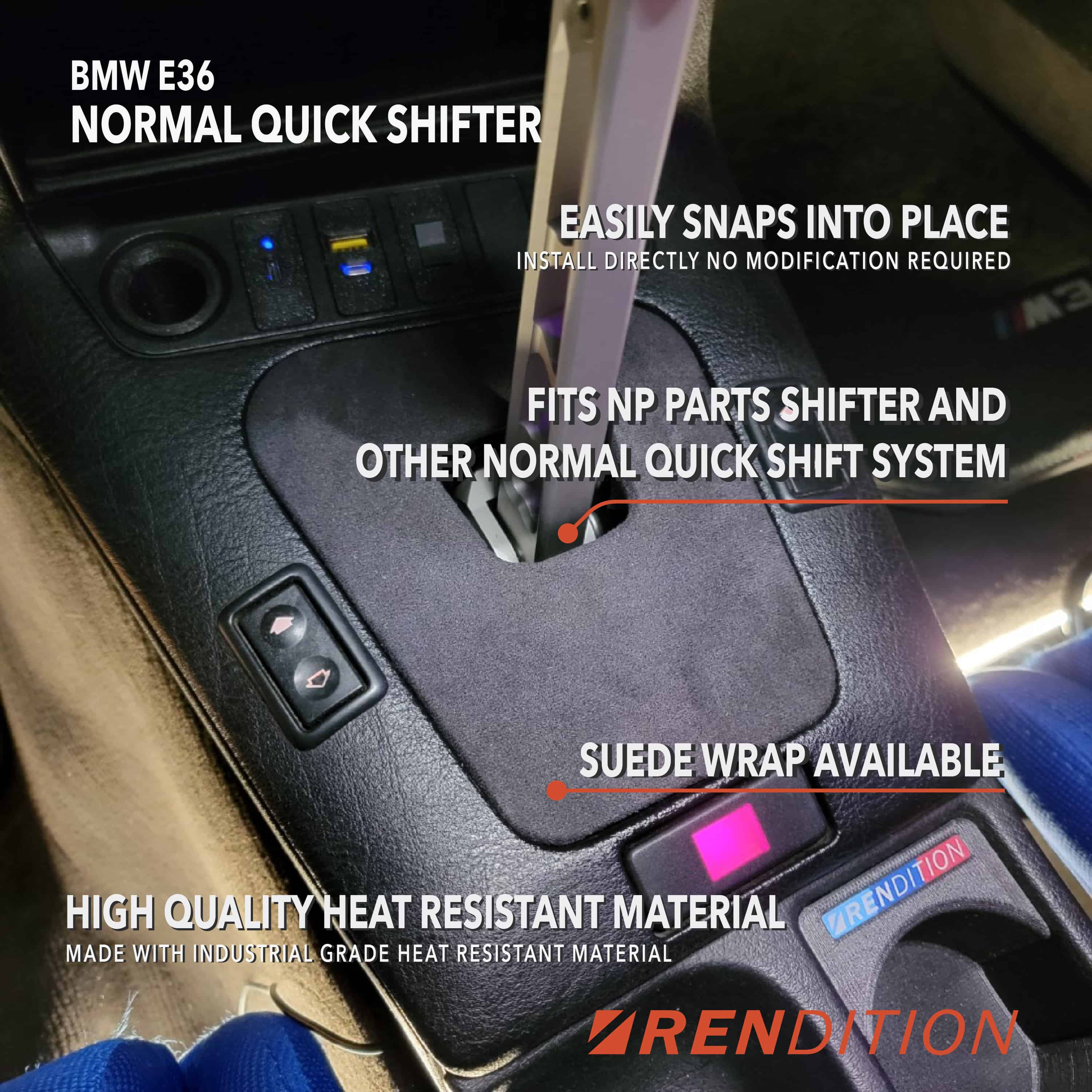 A black BMW E36 shift boot cover with a suede finish, installed in a vehicle's interior.
