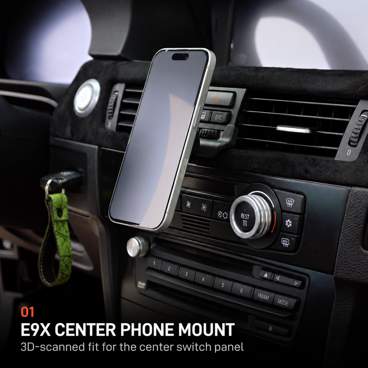 E9X center phone mount installed with phone