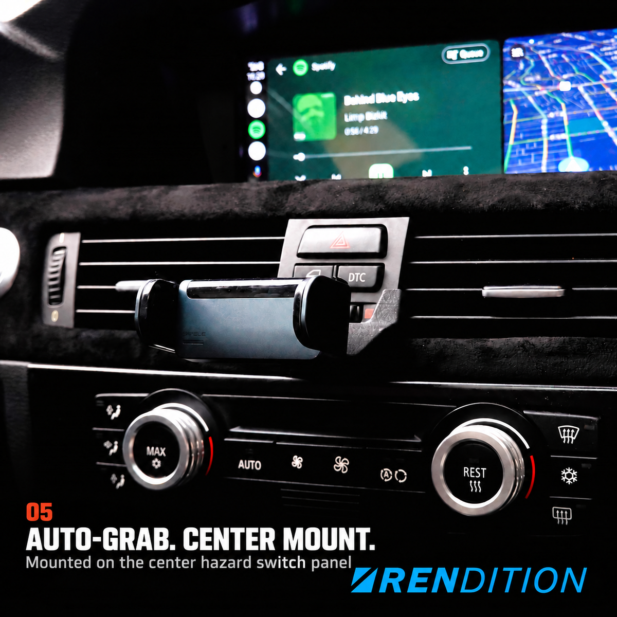 Auto-Grabbing holder mounted on BMW E9x center hazard switch panel.